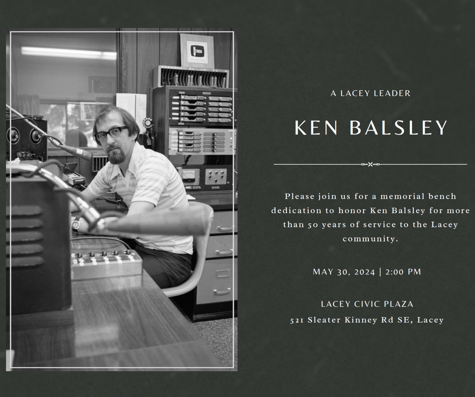 Ken Balsley Memorial Bench Dedication Invitation